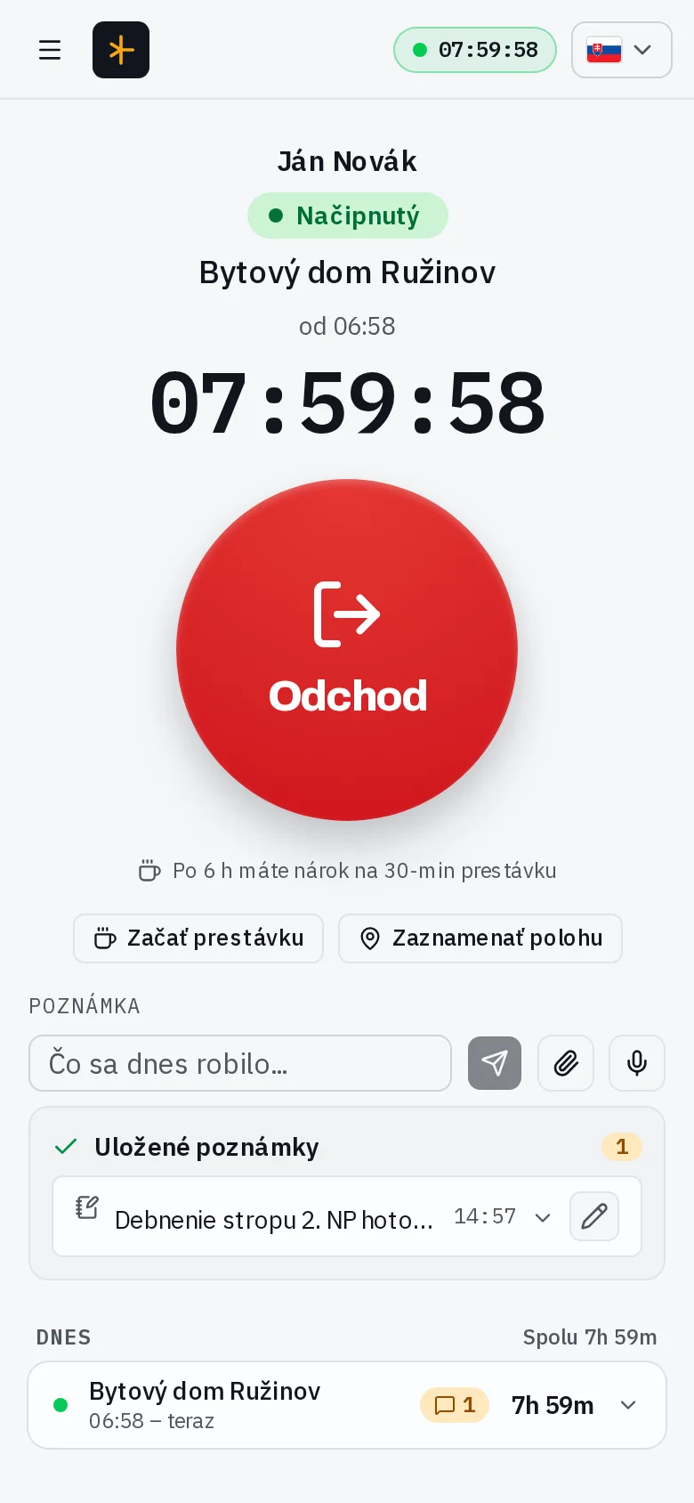 Pípačka Turniket v telefóne: bežiaca zmena so živými hodinami, tlačidlo odchodu, prestávka a pracovná poznámka s hlasovým diktovaním